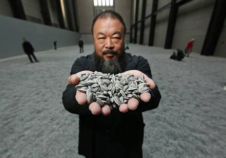 Ai Weiwei - 34 hand-painted, porcelain sunflower: 34 hand-painted porcelain sunflower seeds-2010. 34 original sunflower seeds made and designed by the artist Ai Weiwei.Size:ca 20 mm in length and 5 to 7 mm thickAll seeds are cast, fired and then