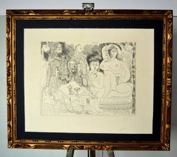 Pablo Picasso. , Etching, hand signed .56, 2 x 45, 4 cm: Pablo Picasso.Etching.Title . En torno a la Celestina refrigerio en el jardin , con joven Bosco gordo.Year 1968.Measures: 56, 2 x 45, 4 cm.Signed by hand. Nice Framed