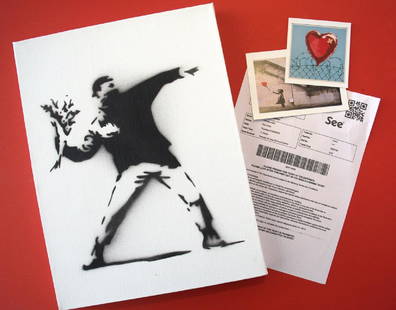 Banksy Dismaland Canvas ,Love is in the Air, Signed: BANKSY DISMALAND ART WORK ON CANVAS WITH TICKET & GIFT PHOTOS.ON REVERSE OF CANVAS THERE IS A DISMALAND LOGO HAND SPRAYED..TITILE: Love is in the Air