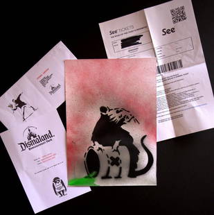 Banksy, Spray Paint Stencil on canvas: Banksy, Spray Paint Stencil on canvas ,Original Dismaland Souvenir, With park entrance.Measures: 30 x 24 cm