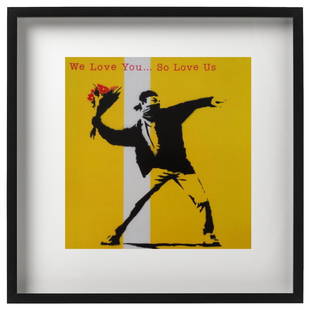 BANKSY: Promotion of the record: We love you so Love Us(30 x 30 cm) Frame shown on the auction images is not included in this auction - print only in mint condition