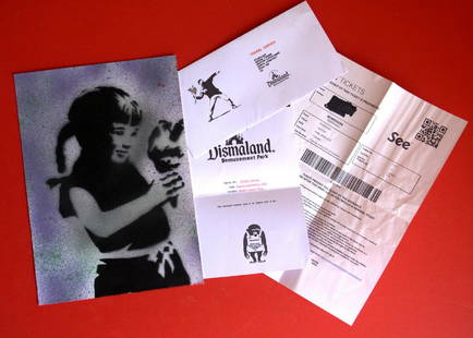 Banksy, Spray Paint Stencil on canvas: Banksy, Spray Paint Stencil on canvas ,Original Dismaland Souvenir, With park entrance.Measures: 30 x 24 cm