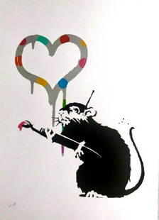 Banksy screen print Love Rat DELUXE EDITION Damien: DAMIEN HIRST TRIBUTE VERSION - NEW DELUXE EDITION This is a rare and exclusive EXTREMELY SOPHISTICATED REAL HAND-MADE SERIGRAPH (SCREEN PRINT) reproduction of the legendary Banksy "Love Rat" print.