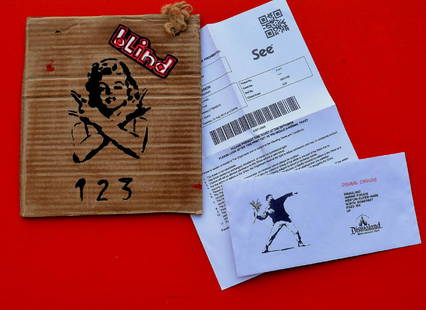 Banksy, Spray Paint Stencil on Cardboard -Marilyn: Banksy, Spray Paint Stencil on Cardboard -Marilyn Monroe Original Dismaland Souvenir, With park entrance.With sticker on the back. With two holes hangingMeasures: 24 x 21,5 cm