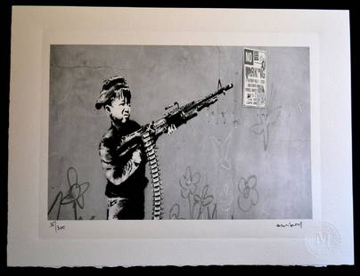 Banksy -Child with metral Ed. 300 units, Certif.: Banksy -Child with metral Ed. 300 units,Printed signature. Pencil No. This is a Manual Art Work.NO IS OFFSET.Size: 38x28 cmModern lithography finished by hand.Vivera ink pigment.Numeration in