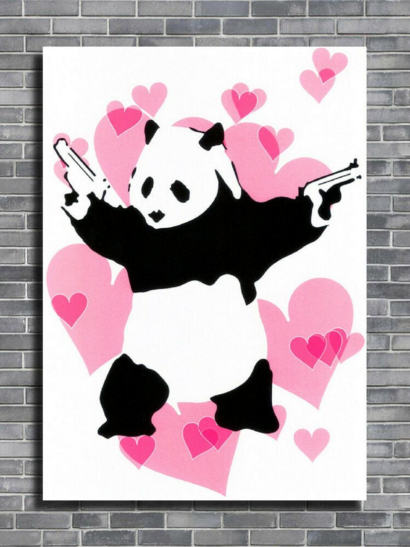 BANKSY - PANDA GUN LOVE - 38cm x 50cm: BANKSY - PANDA GUN LOVE - . HAND MADE HAND VARNISHED BOX FRAMED 100% cotton canvas print. 38cm x 50cm x 3.5cm