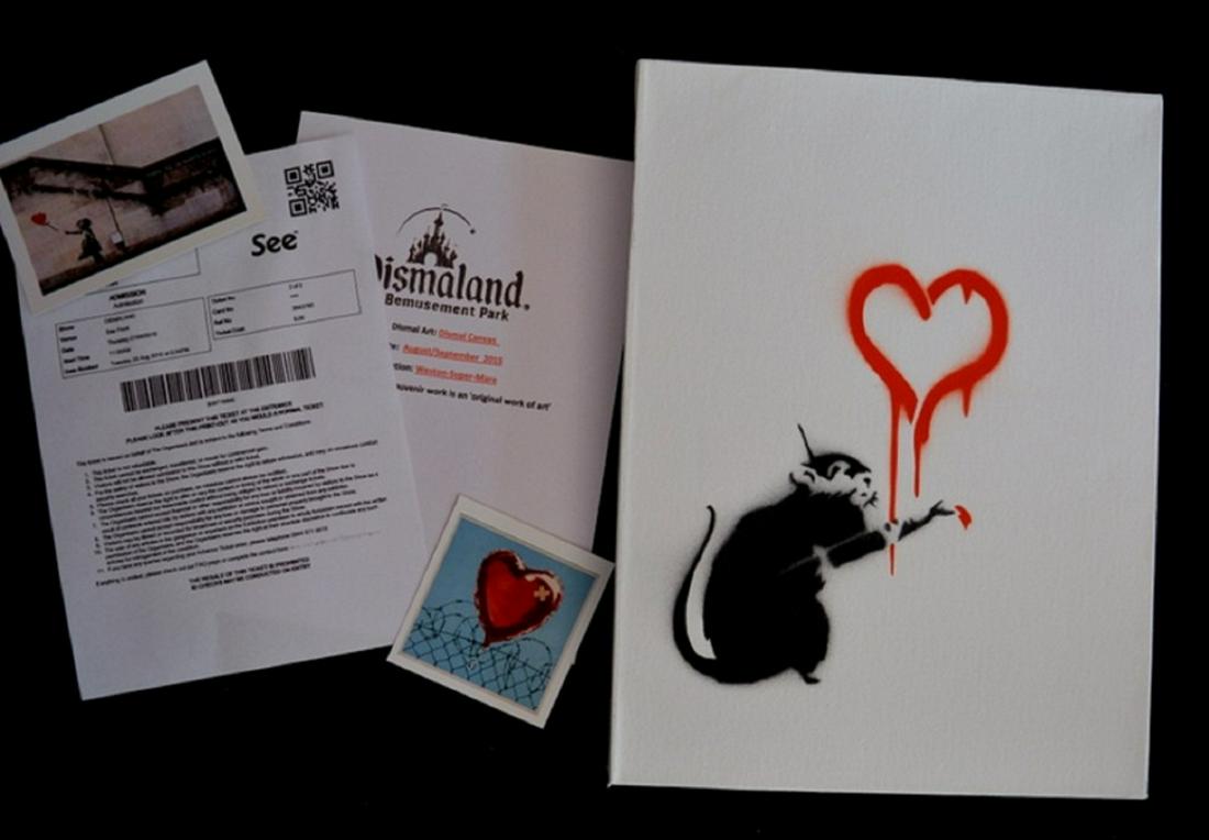 Banksy Dismaland Canvas , Rat , Signed: BANKSY DISMALAND ART WORK ON CANVAS WITH TICKET & GIFT PHOTOS. ON REVERSE OF CANVAS THERE IS A DISMALAND LOGO HAND SPRAYED. .TITILE: RAT