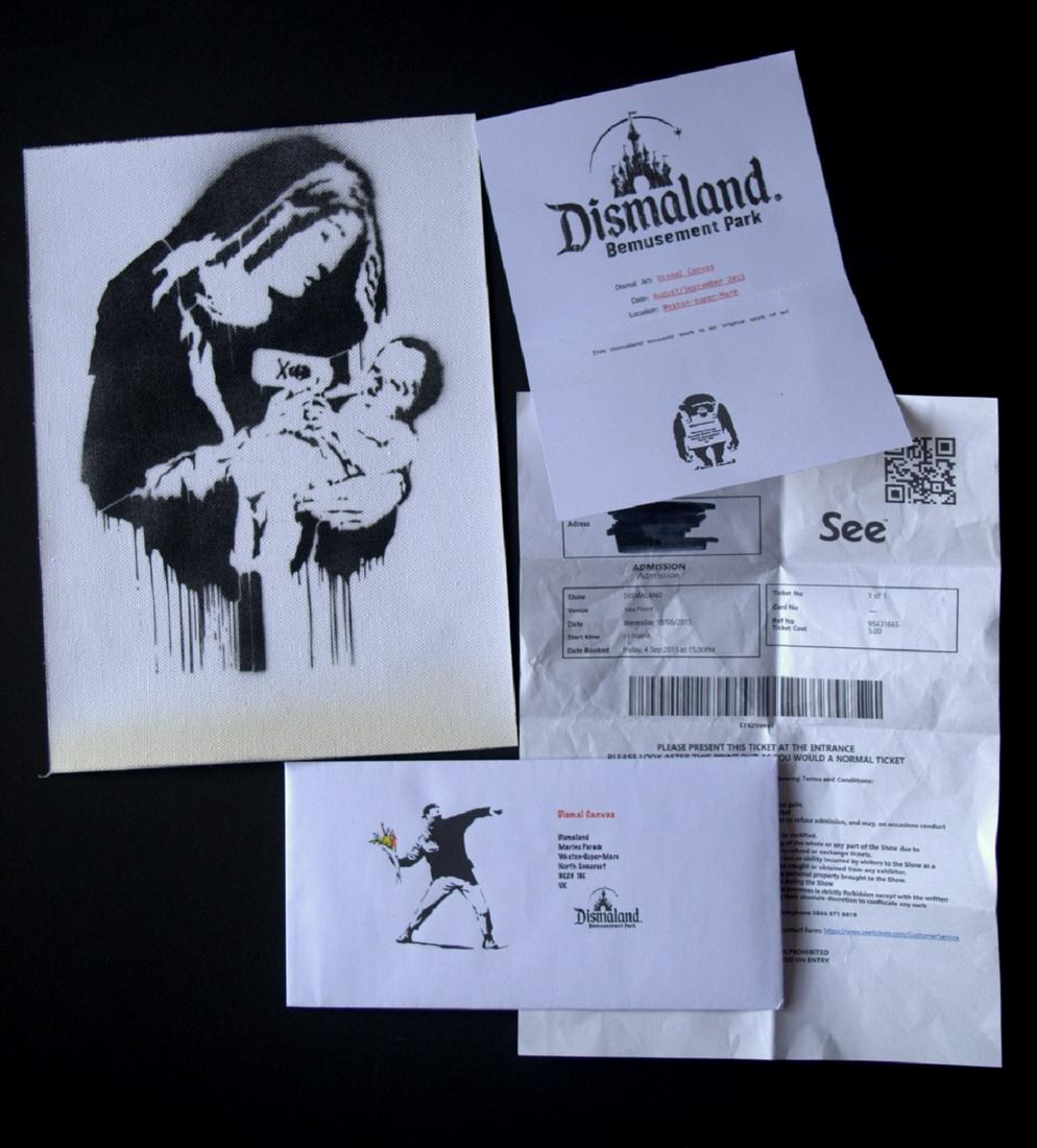Banksy Dismaland, Toxic Mary, spray paint on canvas: Banksy . Spray paint and stencil on sheet of canvas, unframed. Dismaland , COA reverso. Original Dismaland Souvenir, With park entrance, size: 28,5 21 cm,,Banksy is an anonymous England-based graffiti