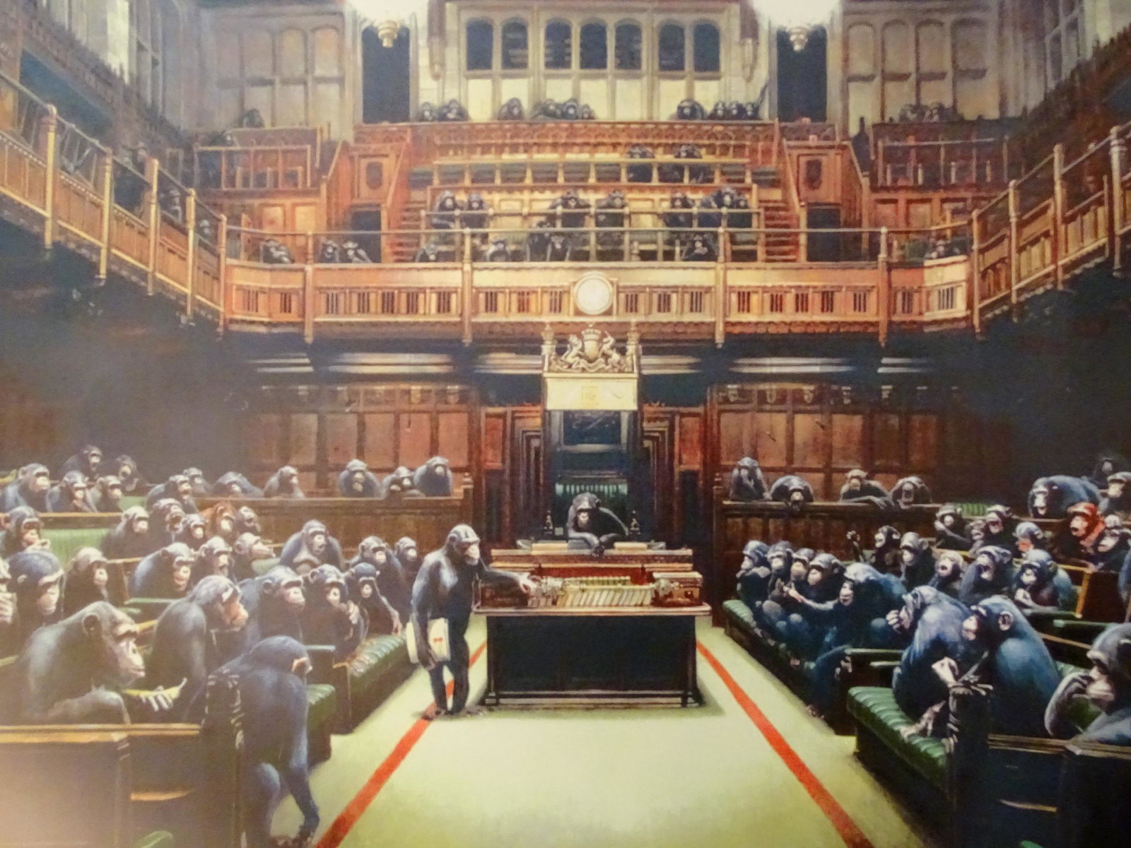 Banksy, Monkey parliament: Lithograph offset, aprox 84x52.5cm. Monkey Parliament, poster replica of the original painting , 2009 Offset lithograph in colors on paper