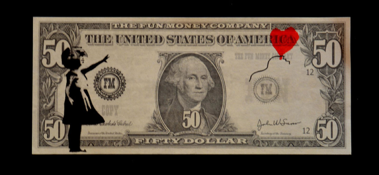 Banksy Balloon Girl 50 Dollars Note Dismaland Park: BANKSY BALLOON GIRL 50 DOLLARS NOTE DISMALAND MINT HAND STENCIL SPRAY PAINT ORIGINAL WITH C.O.A