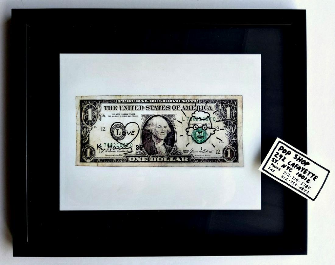 Keith Haring Signed Dollar Bill, Self Portrait + POP: Keith Haring Signed Dollar Bill + Self Portrait + POP SHOP Business Card . An enlarged photographic color print of a dollar bill that...Keith Haring Hand Signed .Drew his Self Portrait .Wrote the word