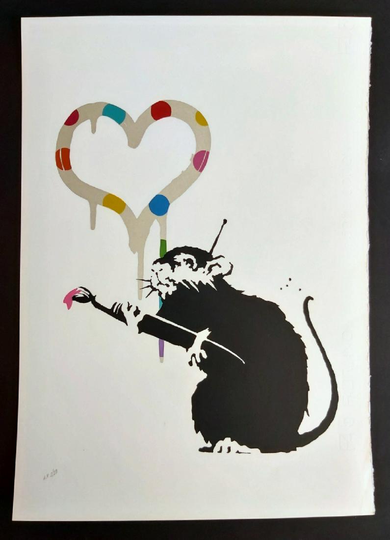 Banksy screen print Love Rat DELUXE EDITION Damien: DAMIEN HIRST TRIBUTE VERSION - NEW DELUXE EDITION This is a rare and exclusive EXTREMELY SOPHISTICATED REAL HAND-MADE SERIGRAPH (SCREEN PRINT) reproduction of the legendary Banksy "Love Rat" print. Th