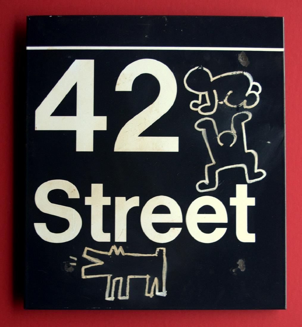 KEITH HARING DRAWING: Keith Haring drawing on a NYC Subway metal sign is porcelain or enamel measures 34,5 x 30,5 ,5 x 4 cm, magnificent artwork attributed to Keith Haring, Haring is with Andy Warhol or Roy Lichtenstein on