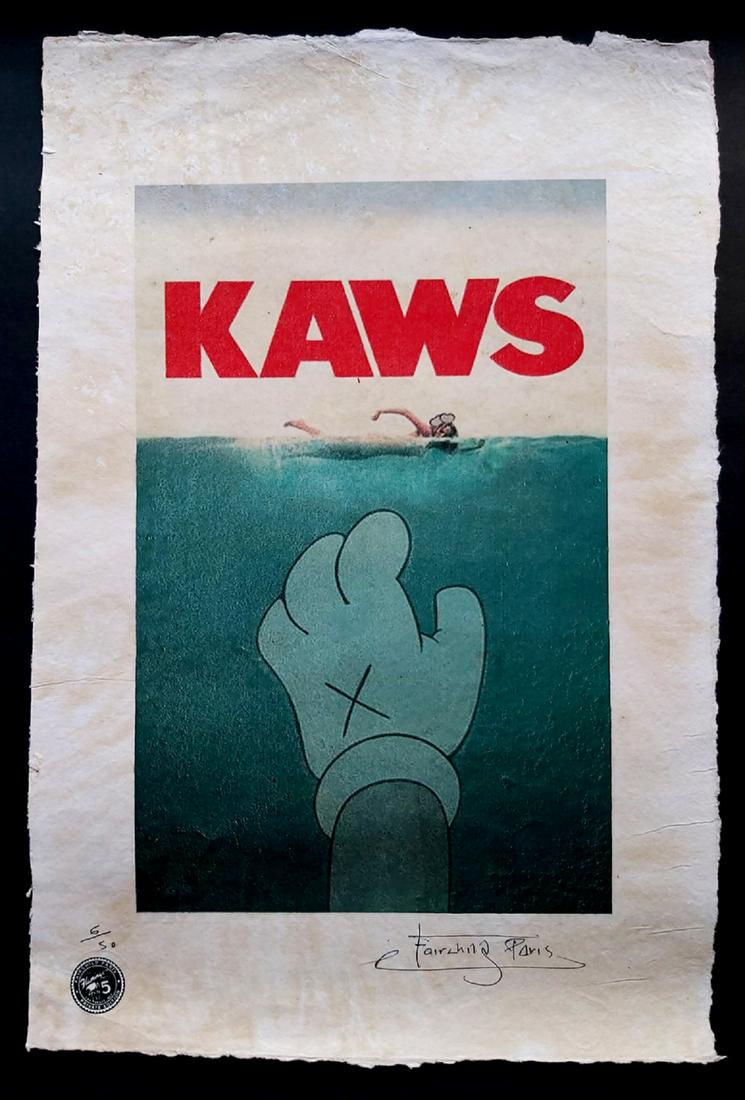 KAWS JAWS Limited Edition,. Signed Fairchild Paris: KAWS, Artist Proof or Limited Edition print as published and sold at London and Paris Fashion Week 2015.Size: 22'x 15'x, upon paper beautifully aged, handmade paper.Hand signed Fairchild Paris.Artist