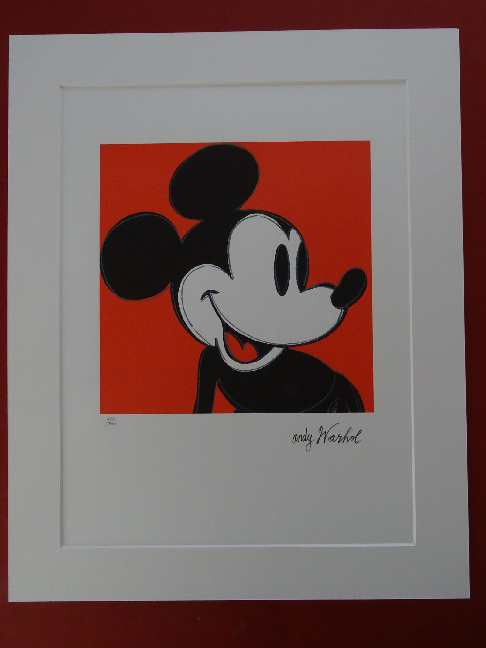 ANDY WARHOL, MICKEY MOUSE, SIGNED, NUMBERED: ANDY WARHOL , HAND NUMBERED,LIMITED PLATE SIGNED GRANO-LITHOGRAPH.FROM :1981/1986.PENCIL NUMBERED ON LEFT SIDE / 40 x 50 cm (19.7 x 15.75 inch),This lithograph was produced and pressed on quality wove
