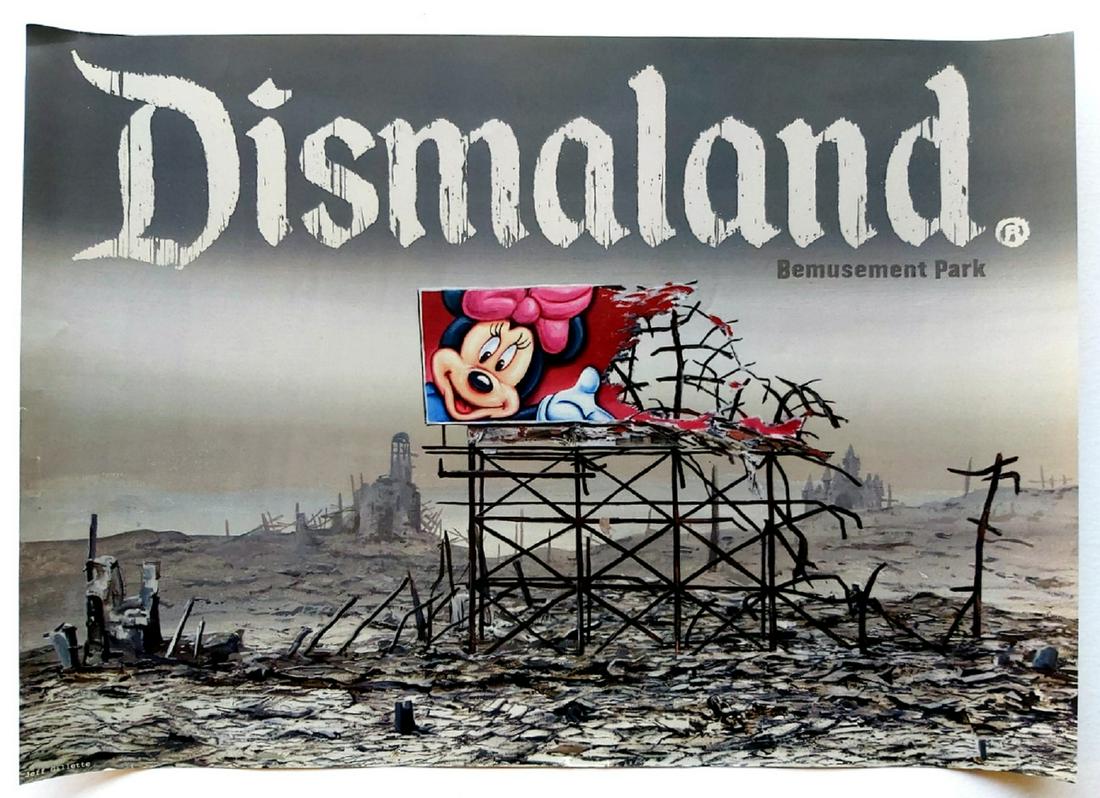 DISMALAND JEFF GILLETTE BANKSY EXHIBITION PRINT: An original official exhibition poster by Jeff Gillette for Banksy's ' Dismaland Exhibition ' in Weston Super Mare, Somerset, August - September 2015. Depicting a desolate landscape with a Minnie Mous