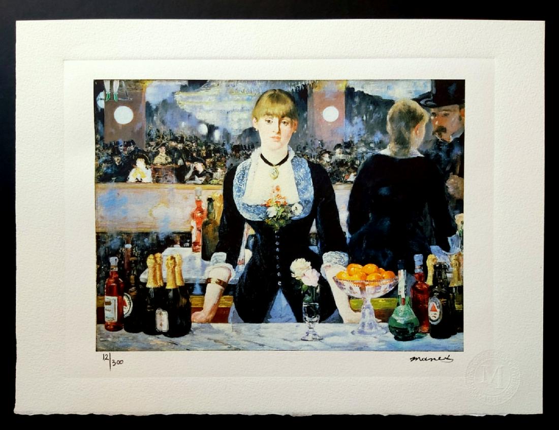 Manet-A Bar at the Folies, Num. Pencil Certif. Edition: Manet-A Bar at the Folies ,Size: 38x28 cmts. Reproduction Modern lithography finished by hand.Vivera ink pigment.Numeration in pencil .Printed Signature .Stamp of the Editor.Certificate Edition 300/.