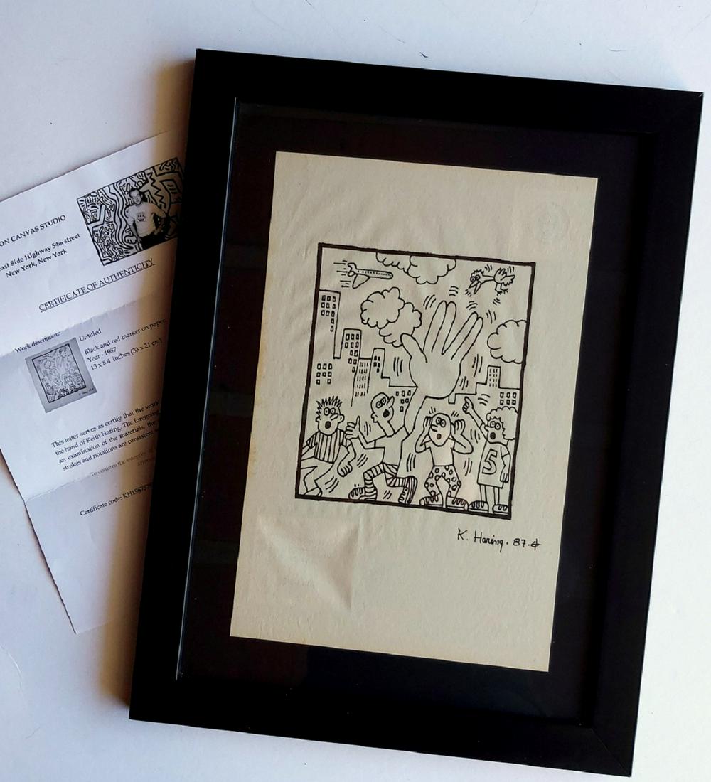 Keith Haring, Drawing, Certificate In Old Paper Artwork: Keith Haring, Drawing, Certificate.Black And Red Marker Drawing In Old Paper Artwork Signed.Measures: 13.2 "X 8.6 '', Framed