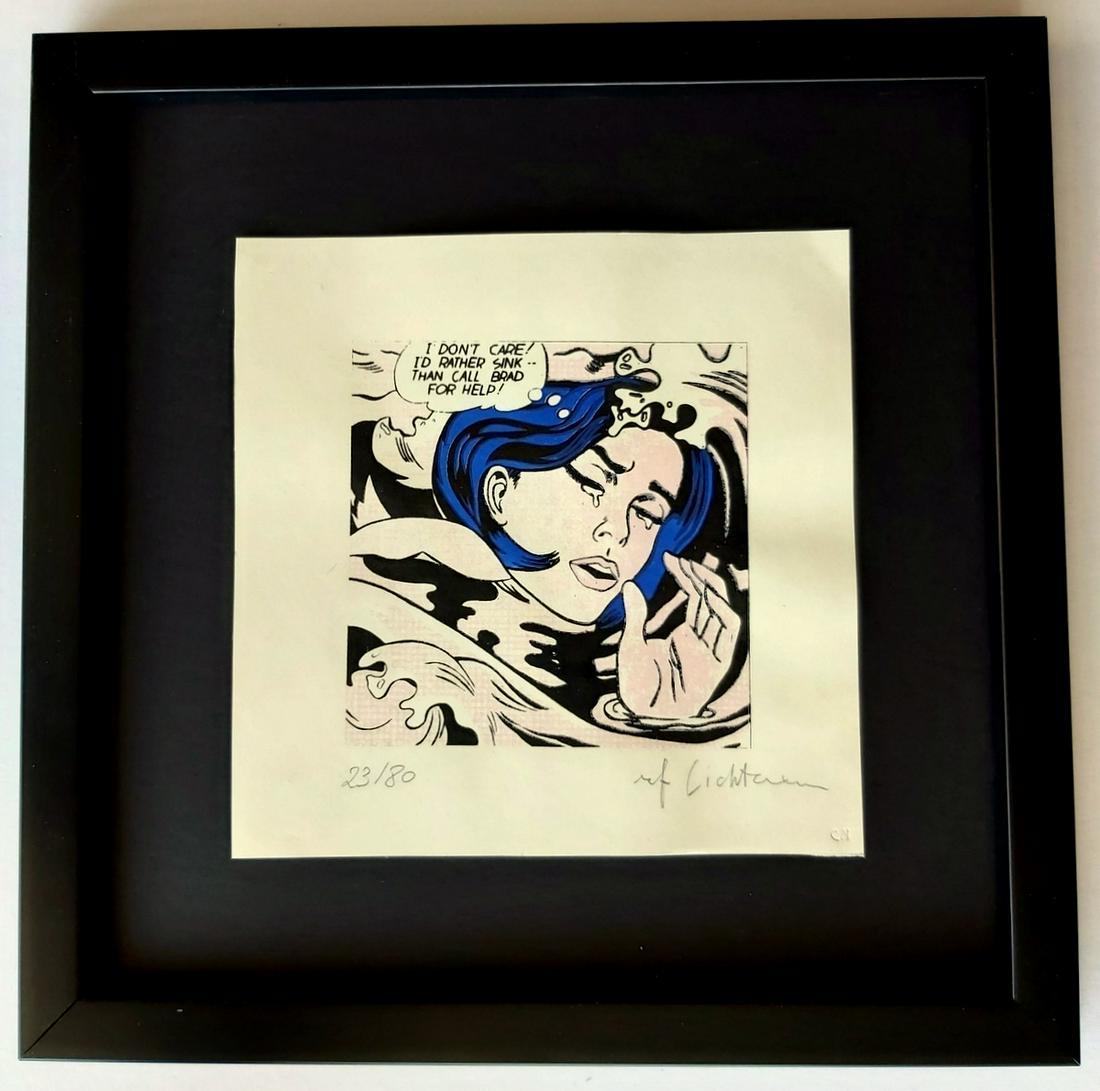 ROY LICHTENSTEIN lithograph, Hand signed: ROY LICHTENSTEIN , ATTRIBUTED .lithographHand signed in pencil - Roy Lichtenstein.Technique: lithographSheet size: 21x21 cm.Signed in pencil.23/80.Without certificate, sold as is. Framed