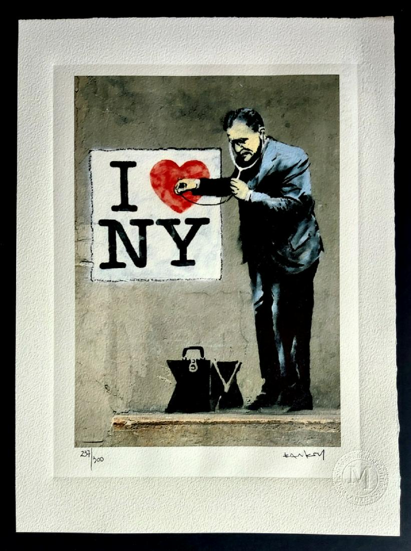 Banksy - I love NY., Certified: Size: 38x28 cmts. ReproductionModern lithography finished by hand.Vivera ink pigment.Numeration in pencil .Printed Signature .Stamp of the Editor.Certificate Edition 300/.
