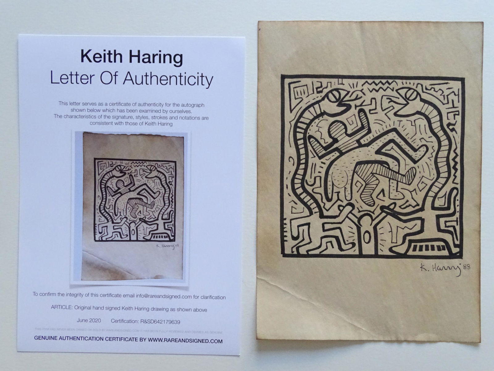 Keith Haring, ink drawing: Keith Haring (attributed), drawing hand signed, unframed Haring's work grew to popularity from his spontaneous drawings in New York City subwaysâ€”chalk outlines of figures, dogs, and other styli