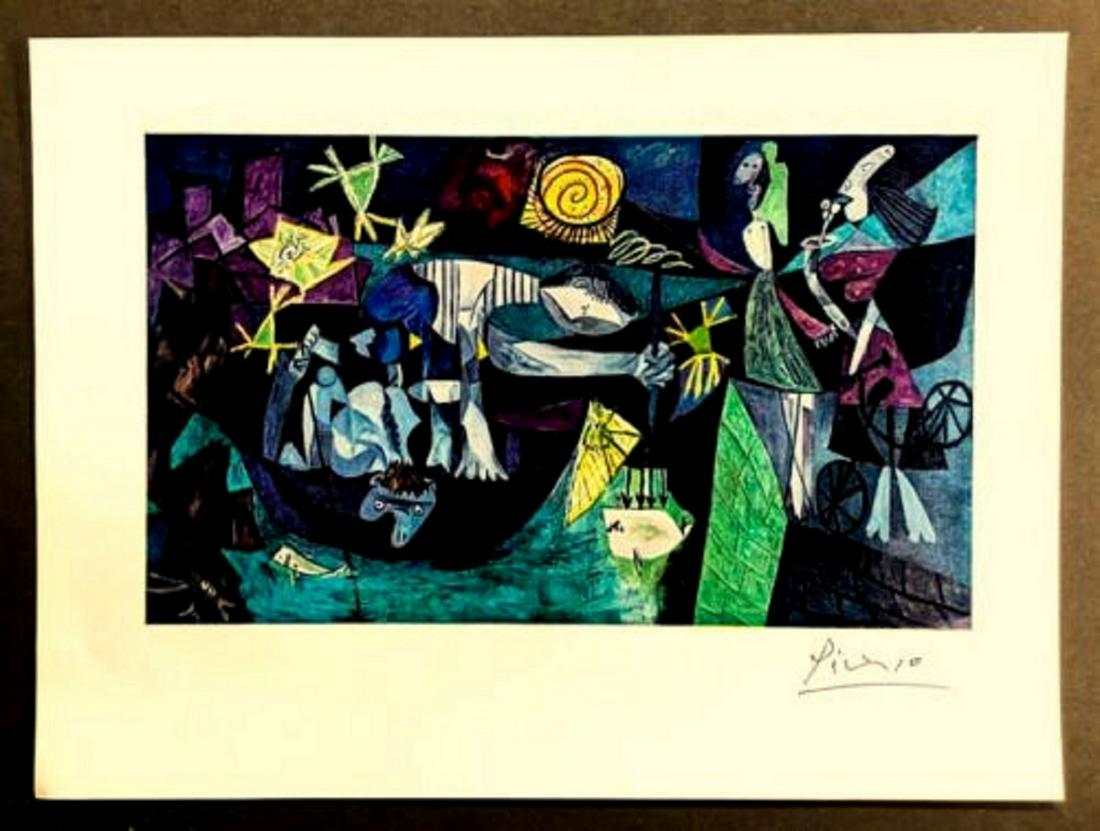 Hand signed Pablo Picasso 1961 vintage 60 year old: The signature is hand signed .This is an original print .PABLO PICASSO .NIGHT FISHING AT ANTIBES.Original painting: Painted in 1939; Oil on canvas; Original painting was 83 7/8 in. x 139 3/4 in.the ti