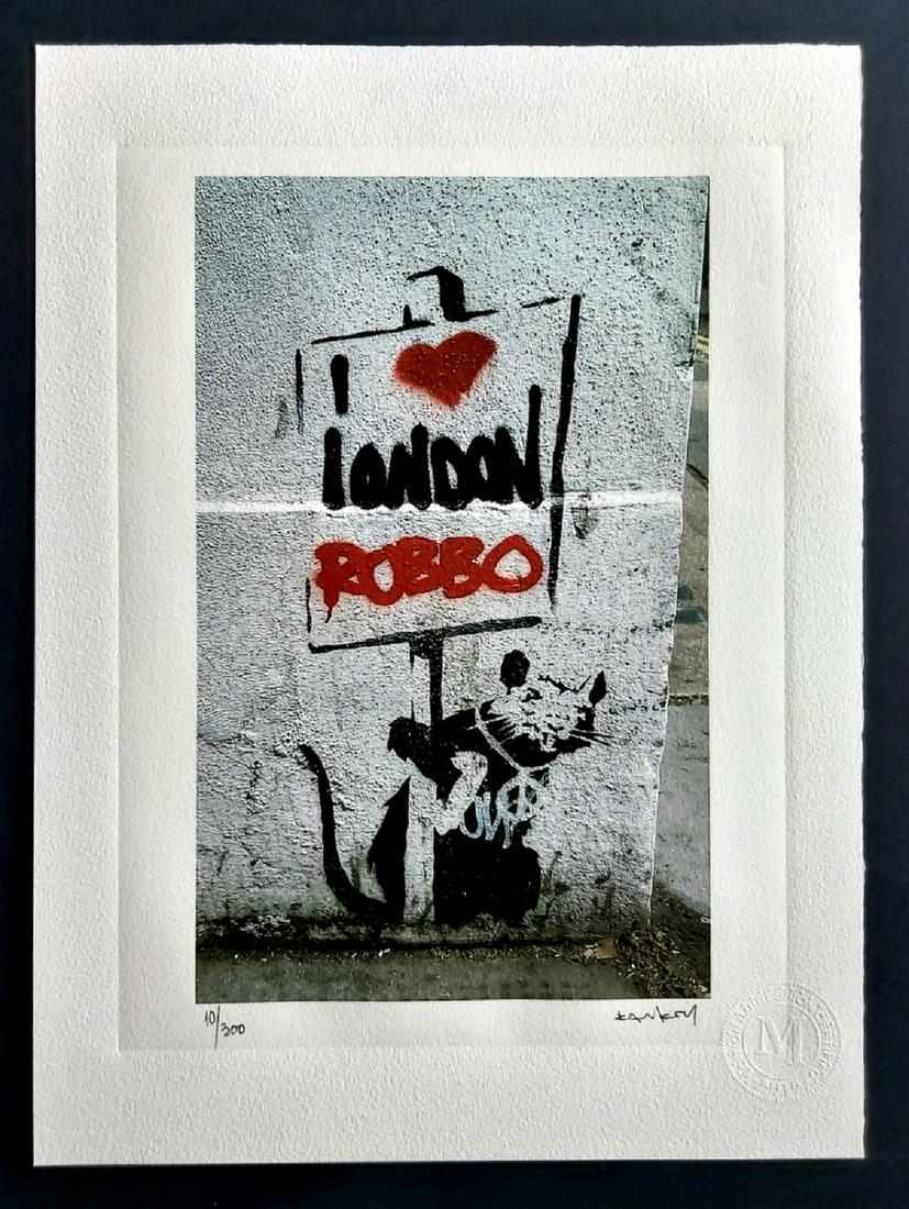 Banksy - I Love London Rob .Certified: After, Size: 38x28 cmts. Reproduction Modern lithography finished by hand.Vivera ink pigment.Numeration in pencil .Printed Signature .Stamp of the Editor.Certificate Edition 300/.