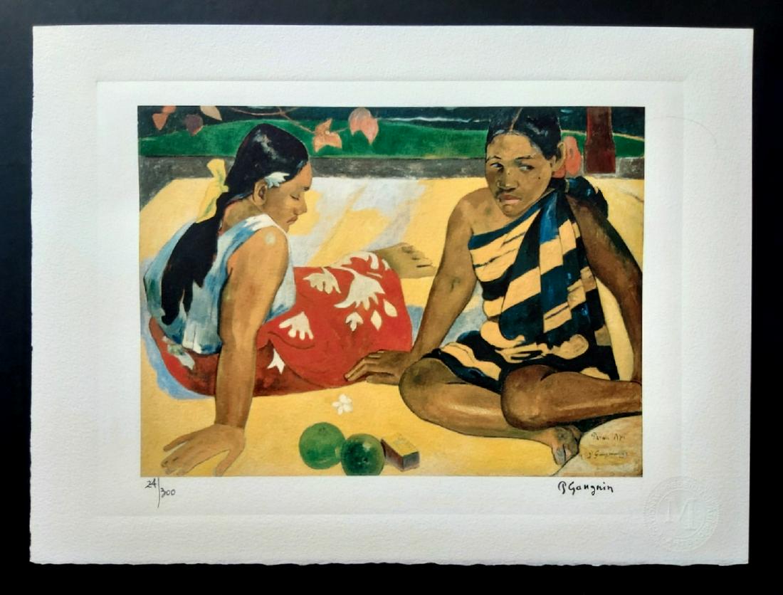 Gauguin Paul Parau Api, Num. Pencil Certif. Edition: Gauguin Paul Parau Api, Size: 38x28 cmts. Reproduction Modern lithography finished by hand.Vivera ink pigment.Numeration in pencil .Printed Signature .Stamp of the Editor.Certificate Edition 300/.