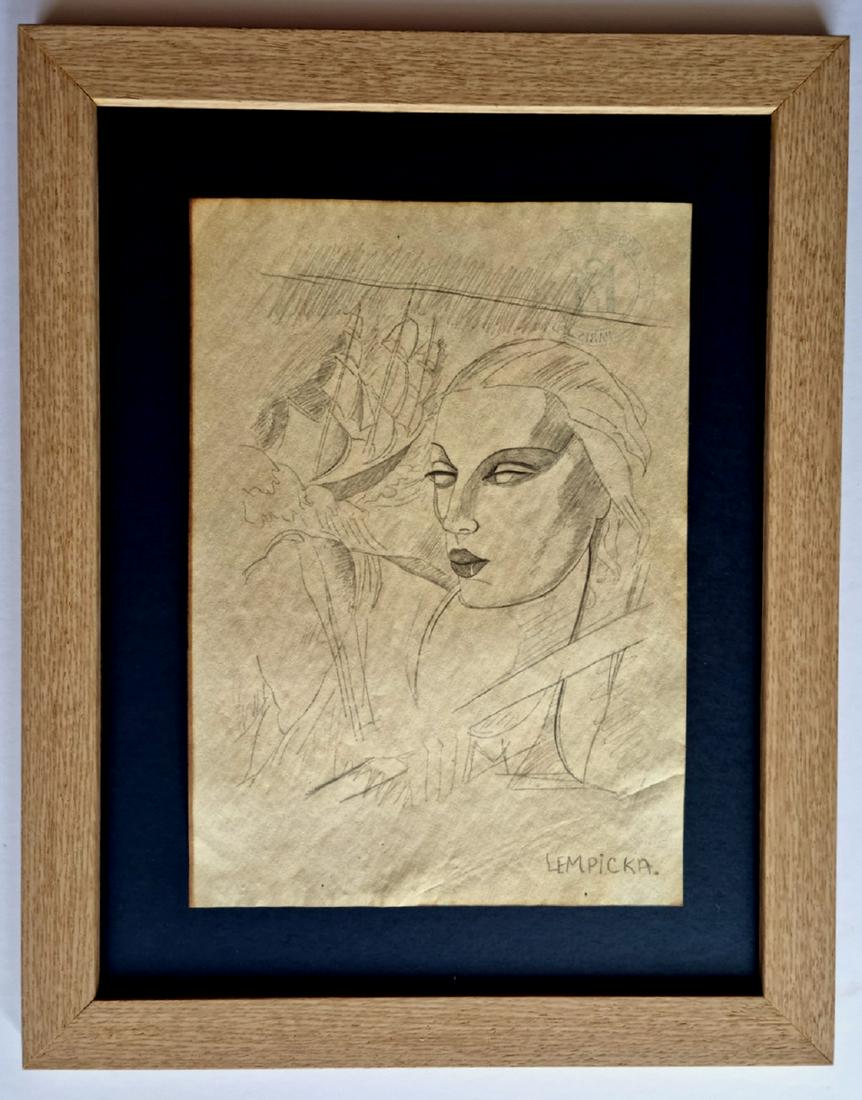 TAMARA DE LEMPICKA , DRAWING ON PAPER SIGNED: Tamara Of Lempicka,, Antique Charcoal Drawing On Paper Signed. Attributed, Sealed On The Back,Measures: 21X29, 7 Cm . Framed