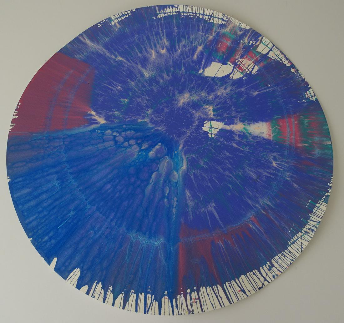Damien Hirst, spin painting: Damien Hirst-Created with public collaboration at the Damien Hirst Spin Workshop to celebrate the opening of Requiem at the PinchukArtCentre, Ukraine.Aprox 51.8cm.Bears Hirst stamped signature Damien 