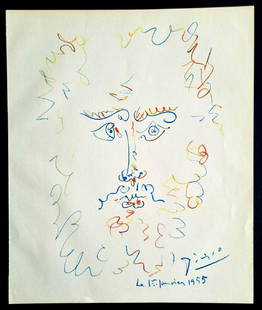 PABLO PICASSO, HEAD OF A BEARDED MEN -COA: Pablo Picasso .. HEAD OF A BEARDED MEN . Beautiful Vintage Original. Offset lithography. Certificate of authenticity. Stamp. Original Edition On Old Paper. Signed And Dated On Plate. Calman LEVy