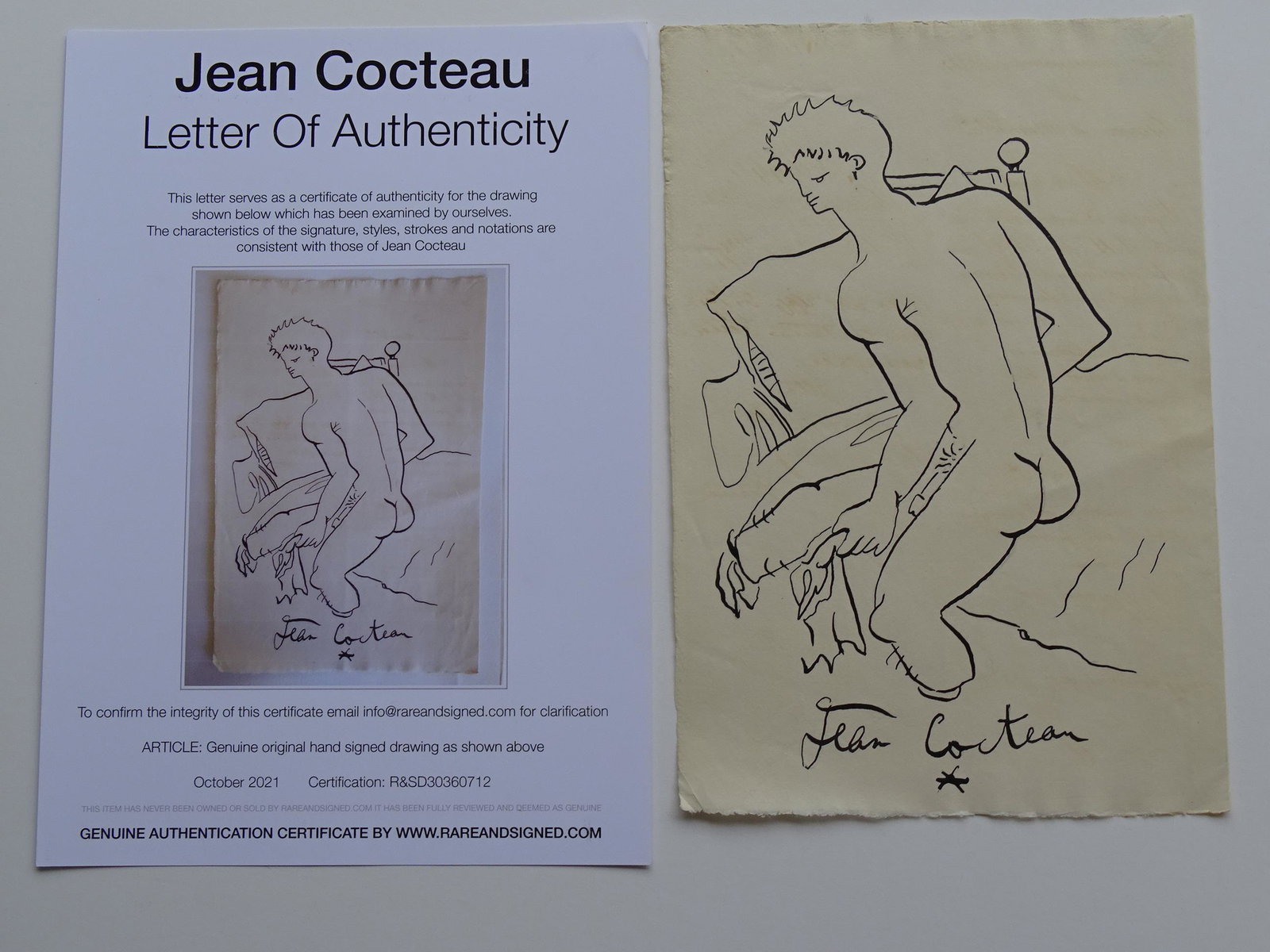 Jean Cocteau, Ink drawing: Jean Cocteau (attributed), ink drawing, ca28x18cm. Good condition. Frequently his work, either literary (Les enfants terribles), graphic (erotic drawings, book illustration, paintings) or cinematograp