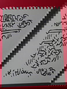 Keith Haring: Keith Haring (attributed), drawing hand signed, paper size:ca 27x21 cm, drawing, unframed Haring's work grew to popularity from his spontaneous drawings in New York City subways—chalk outlines