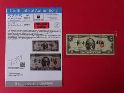 Keith Haring, hand signed banknote: This is an authentic hand signed animation banknote han signed by Keith Haring (D 1990) Keith Haring was one of the most important street and graffiti artists of the late 20th century. His commitment