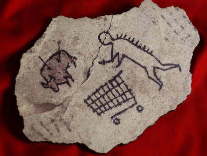 Banksy, wood- Prehistoric shopping: Banksy’s ‘Peckham Rock' is a piece of concrete showing a supposed prehistoric figure pushing a shopping trolley. This was placed in The British Museum in 2005, accompanied by an authentic