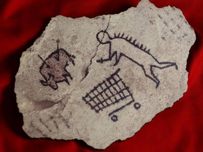 Banksy, wood- Prehistoric shopping: Banksyâ€™s â€˜Peckham Rock' is a piece of concrete showing a supposed prehistoric figure pushing a shopping trolley. This was placed in The British Museum in 2005, accompanied by an authentic