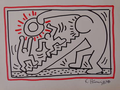 Keith Haring: Keith Haring (attributed), drawing hand signed, paper size:ca 27x19cm drawing, unframed Haring's work grew to popularity from his spontaneous drawings in New York City subways—chalk outlines of