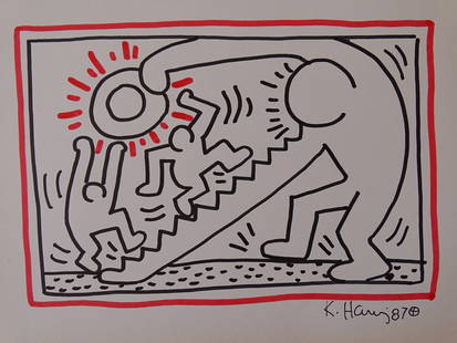 Keith Haring: Keith Haring (attributed), drawing hand signed, paper size:ca 27x19cm drawing, unframed Haring's work grew to popularity from his spontaneous drawings in New York City subwaysâ€”chalk outlines of