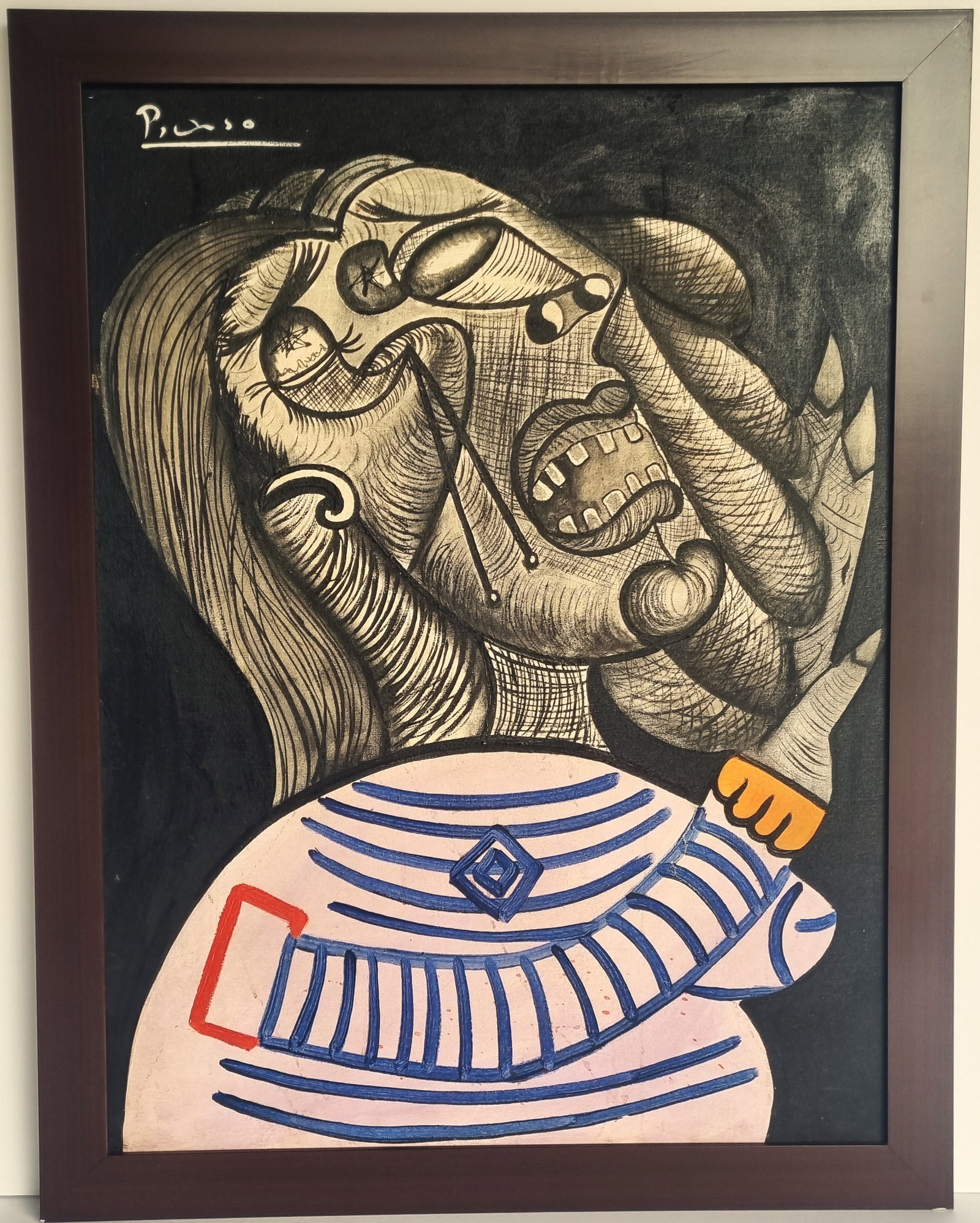 PABLO PICASSO , OIL ON CANVAS: ATTRIBUTED to PABLO PICASSO , oil on canvas. FEMME QUI PLEURE . Hand signed.Measurements: 80 x 60 m. With frame: 89 x 69 cm. frame, quality. NOT CERTIFICATE