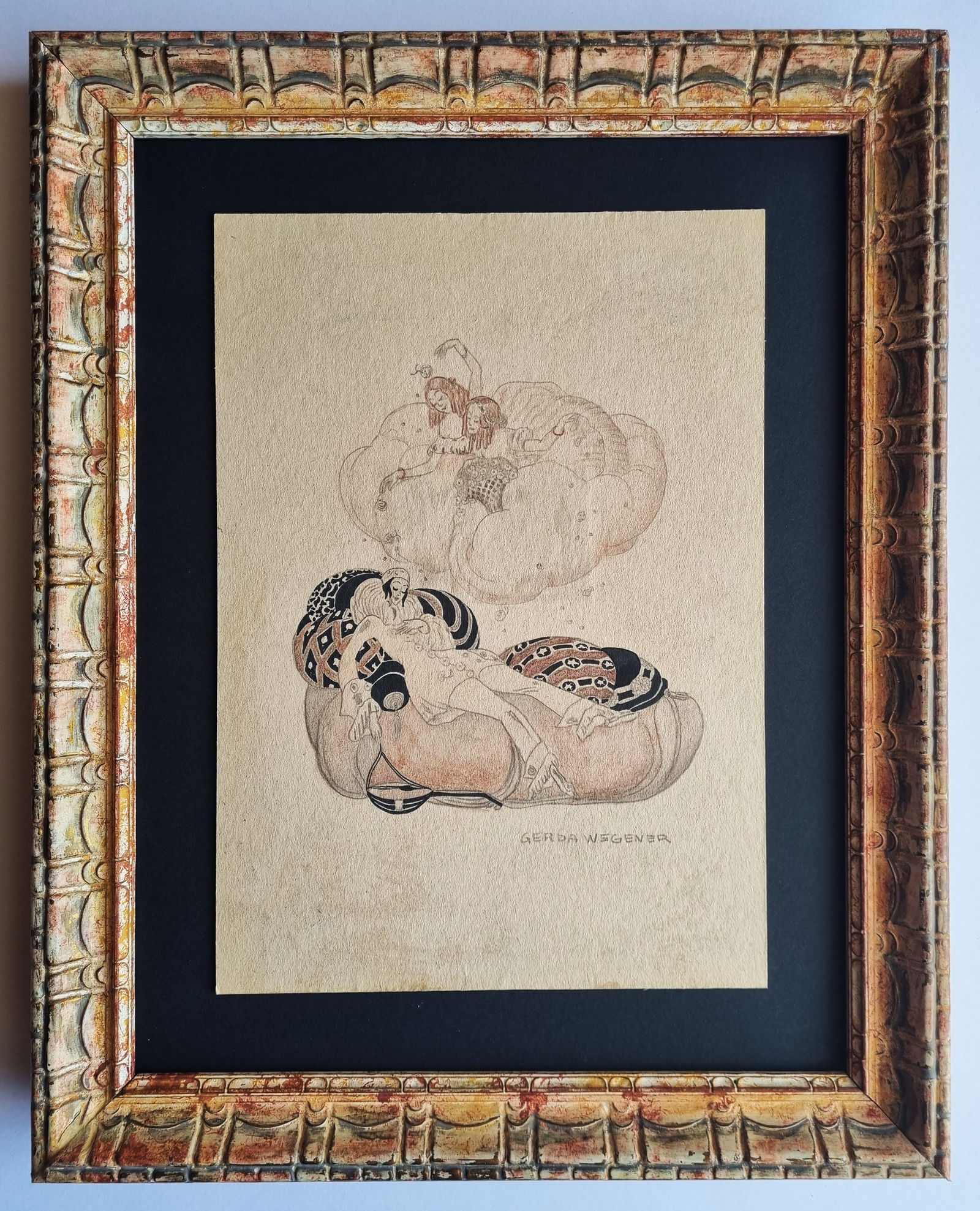 Gerda Wegener Drawing on paper: Drawing ATTRIBUTED to Gerda Wegener , handmade and hand signed. Measurements: 21cm x 29.5cm.inches: 8.26" x 11.61".With frame .Without documentation