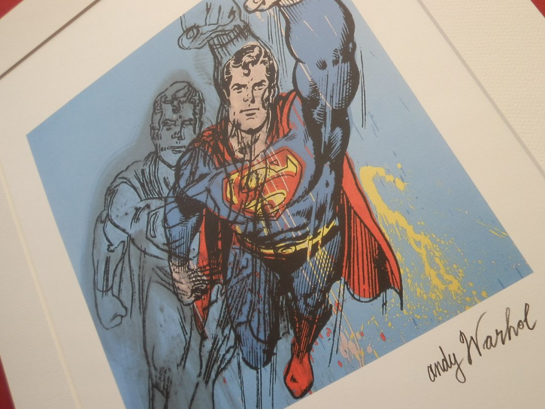 ANDY WARHOL SUPERMAN SIGNED + HAND NUMBERED: ANDY WARHOL SUPERMAN SIGNED + HAND NUMBEREDLIMITED PLATE SIGNED GRANO-LITHOGRAPHTitle:SupermanFROM :1981/1986series \"MYTHS\".PENCIL NUMBERED ON LEFT SIDE SPECIAL EDITION , STAMPED ON THE BACKArch / M