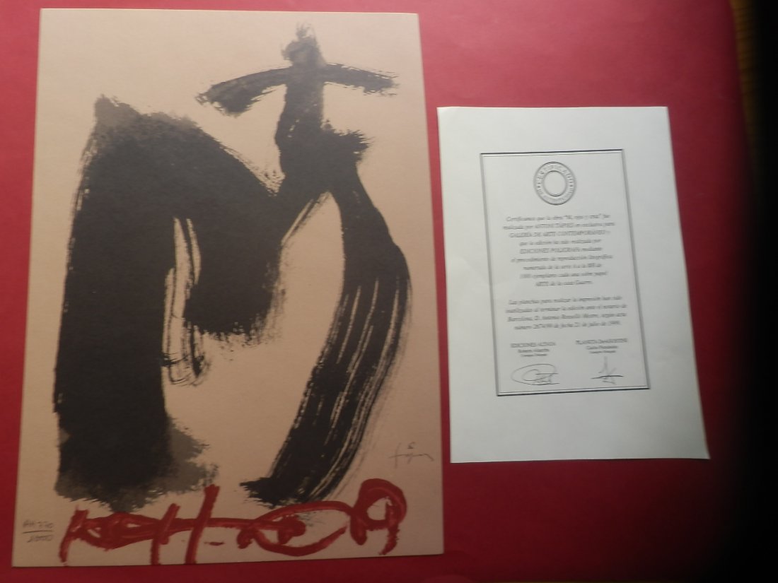 Antoni Tapies Lithograph signed + numbered + COA: Antoni Tapies LithographPlate signed Numbered COA :D.Antonio Roselló Mestre, según actanúmero 2674/99 de fecha 21 de Julio de 1999.Spain
