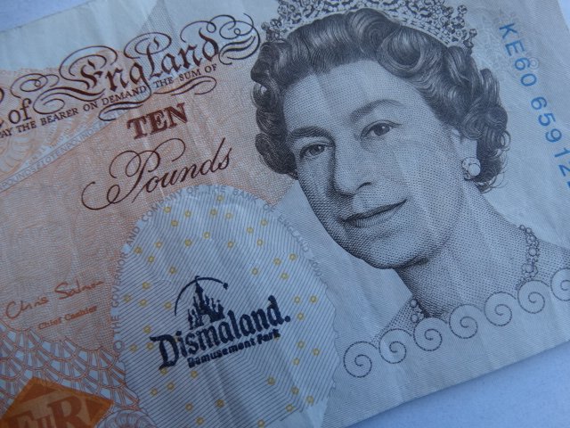 BANKSY: Stamped Dismaland on bottom.The note started life as a genuine UK ten pound note - before becoming a piece of art history so has all the security features including holograms, watermarks, and highly d