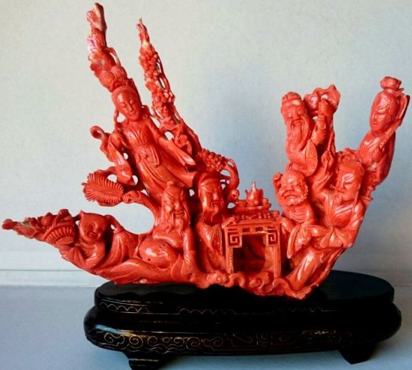 CHINESE CARVED RED CORAL SCULPTURE INMORTALS 1318G, COA (1 of 10)