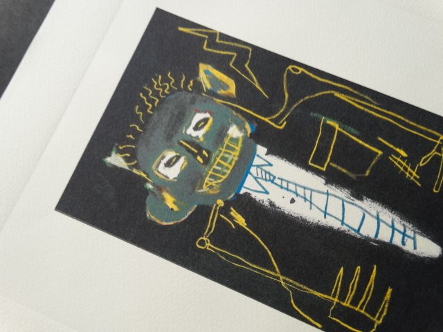 Jean-Michel Basquiat, PLATE SIGNED AND HAND NUMBERED: Jean-Michel Basquiat,, lithograph offser, hand numbered and plate signed, stamp dry limited edition bottom right 38.5CMX28.5CM,ARCHES FRANCE, FRAME NOT INCLUDED, EDITION: C&S 2013. Shipping and remova