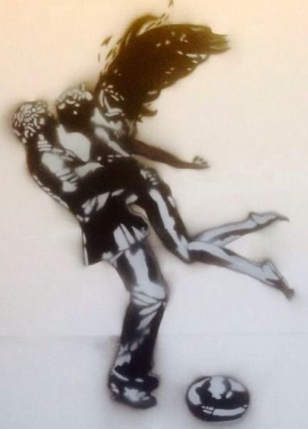 Emo Raphiel Astoria signed original canvas , Angel.: Signed original CANVAS.ARTIST: Emo Raphiel Astoria ( b. 1974 - ).TITLE: Fallen Angel .YEAR: 2015.STYLE: two layer hand stencil spray paint on canvas with hand embellished graphite .SIZE: h 51cm x w 40