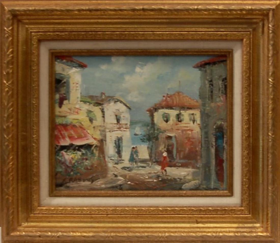 Xavier Rabous (Austalian, 20th Century): Cityscape, circa 1955. oil on hardboars, signed lower left. The artwork size is 8x10 inches. Framed