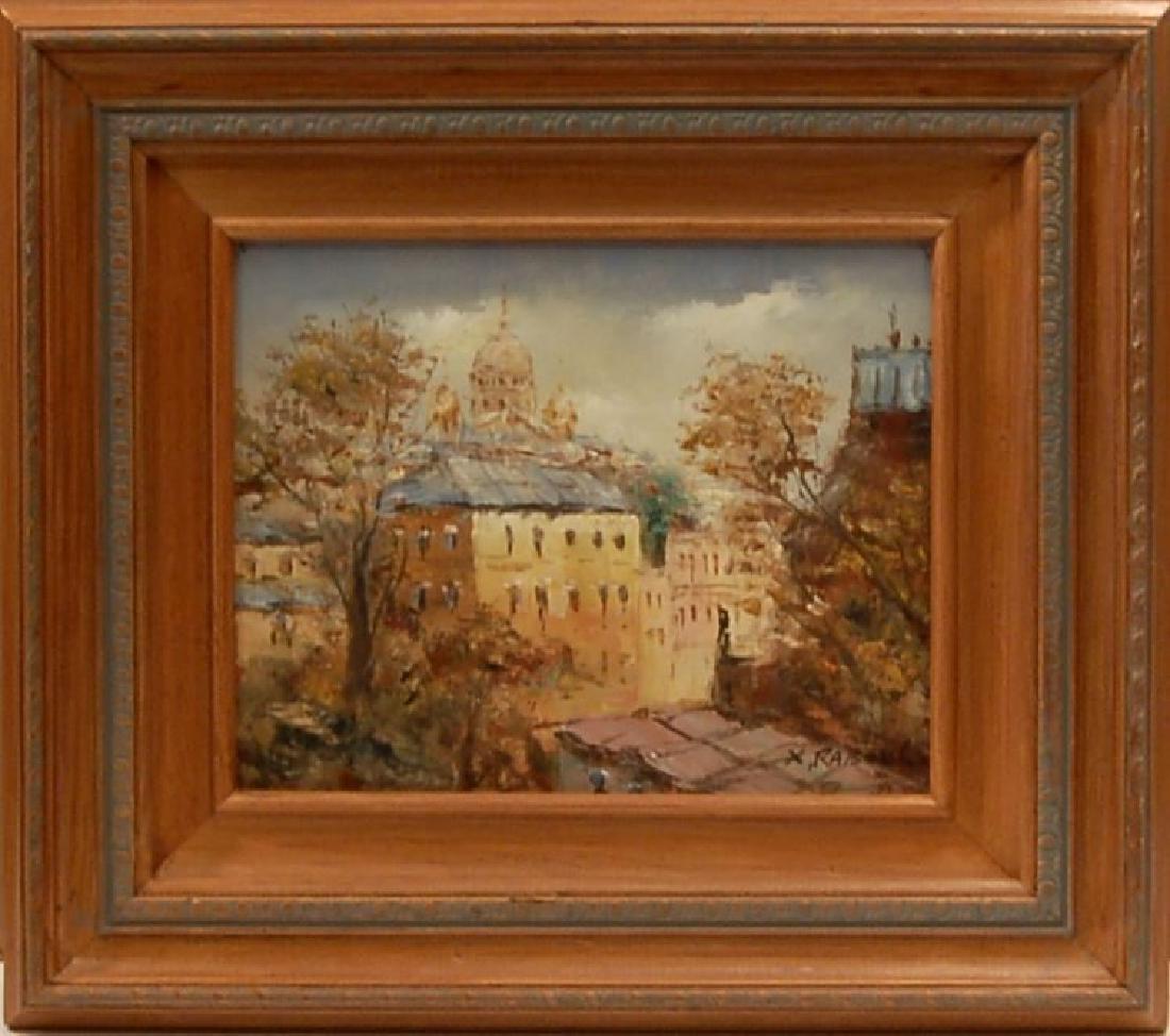 Xavier Rabous (Austalian, 20th Century): Cityscape, circa 1955. oil on hardboars, signed lower right. The artwork size is 8x10 inches. Framed