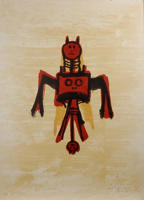 Wilfredo Lam (1902-1982), Cuban. Color lithograph: El Ultimo Viaje Del Buque Fantasma, 1976. Color lithograph on Arches paper, signed and numbered 39/99 in pencil. Size is 22"x30". Published and printed by La Poligrafa, Barcelona, Spain. Tonneau Rycke