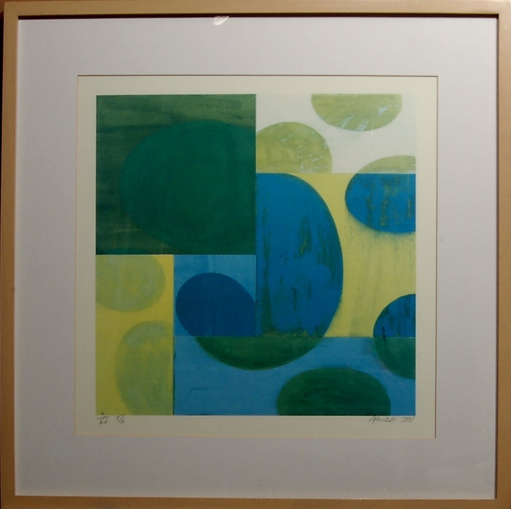 Charles Arnoldi (Born 1946, American). Color Off set: Untitled, Off set lithograph, signed, dated 2001 and numbered VI 5/6 in pencil. Size is 17"x17". This artwork is framed.